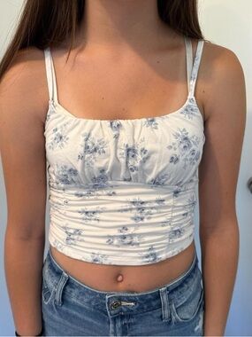 Hollister White Cami Crop Top with Light Blue Floral Print